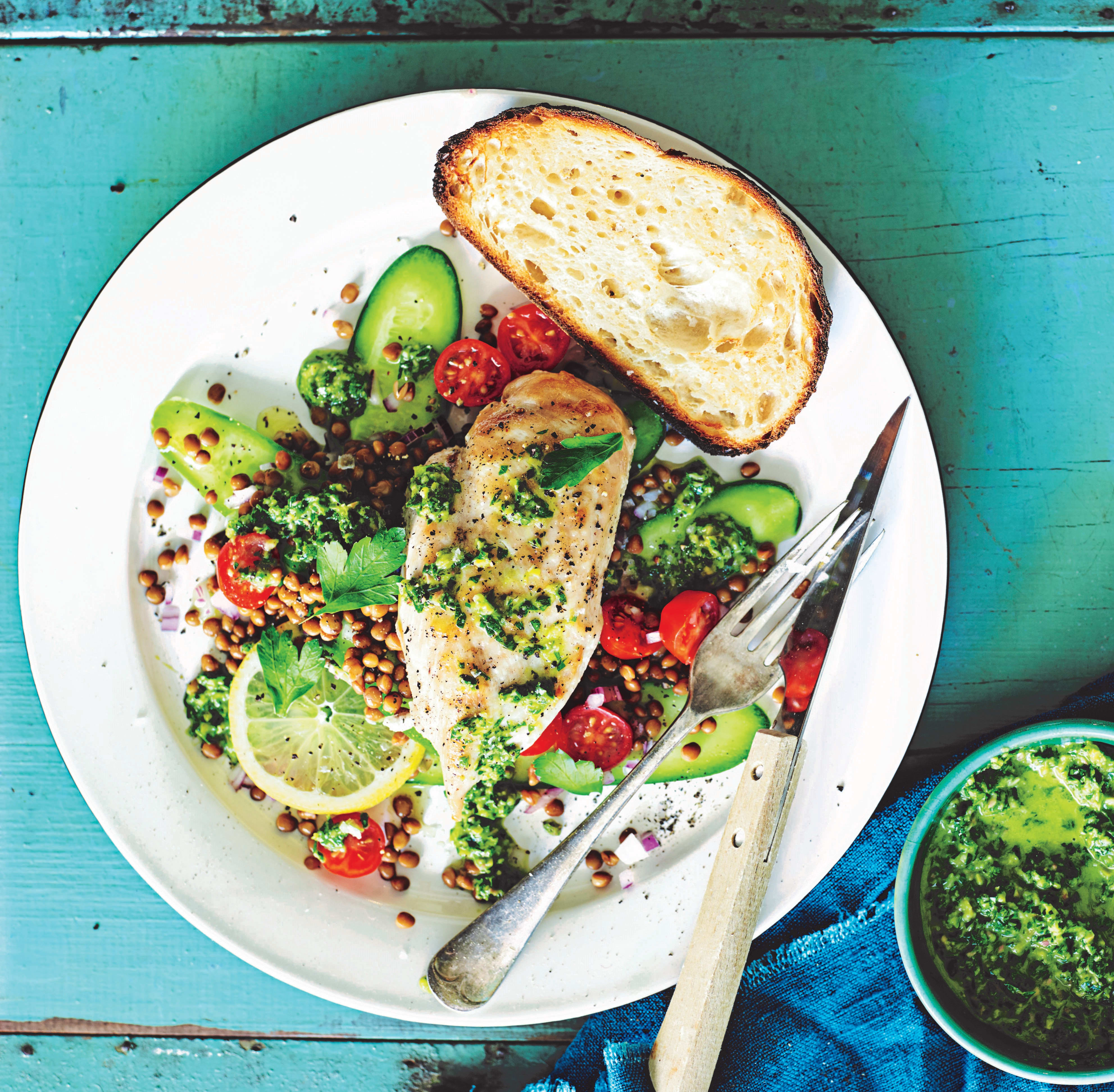 Photo of Pan-fried chicken with green olive dressing & lentil salad by WW
