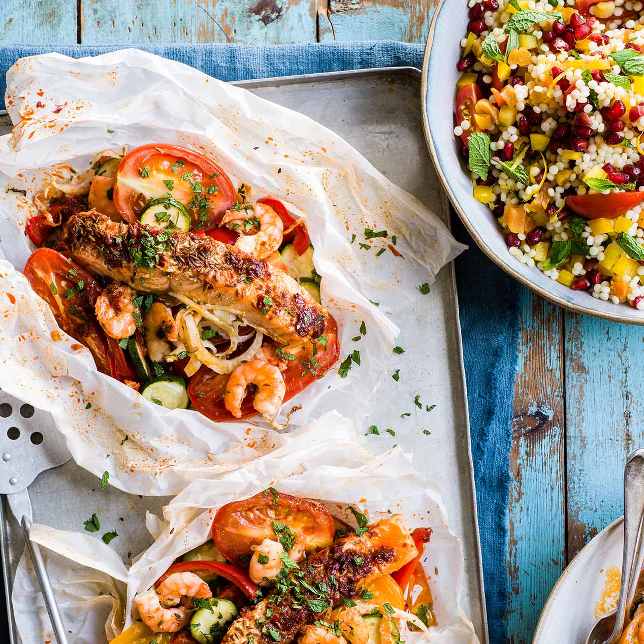 Photo of Harissa salmon & prawn parcels with jewelled giant couscous by WW