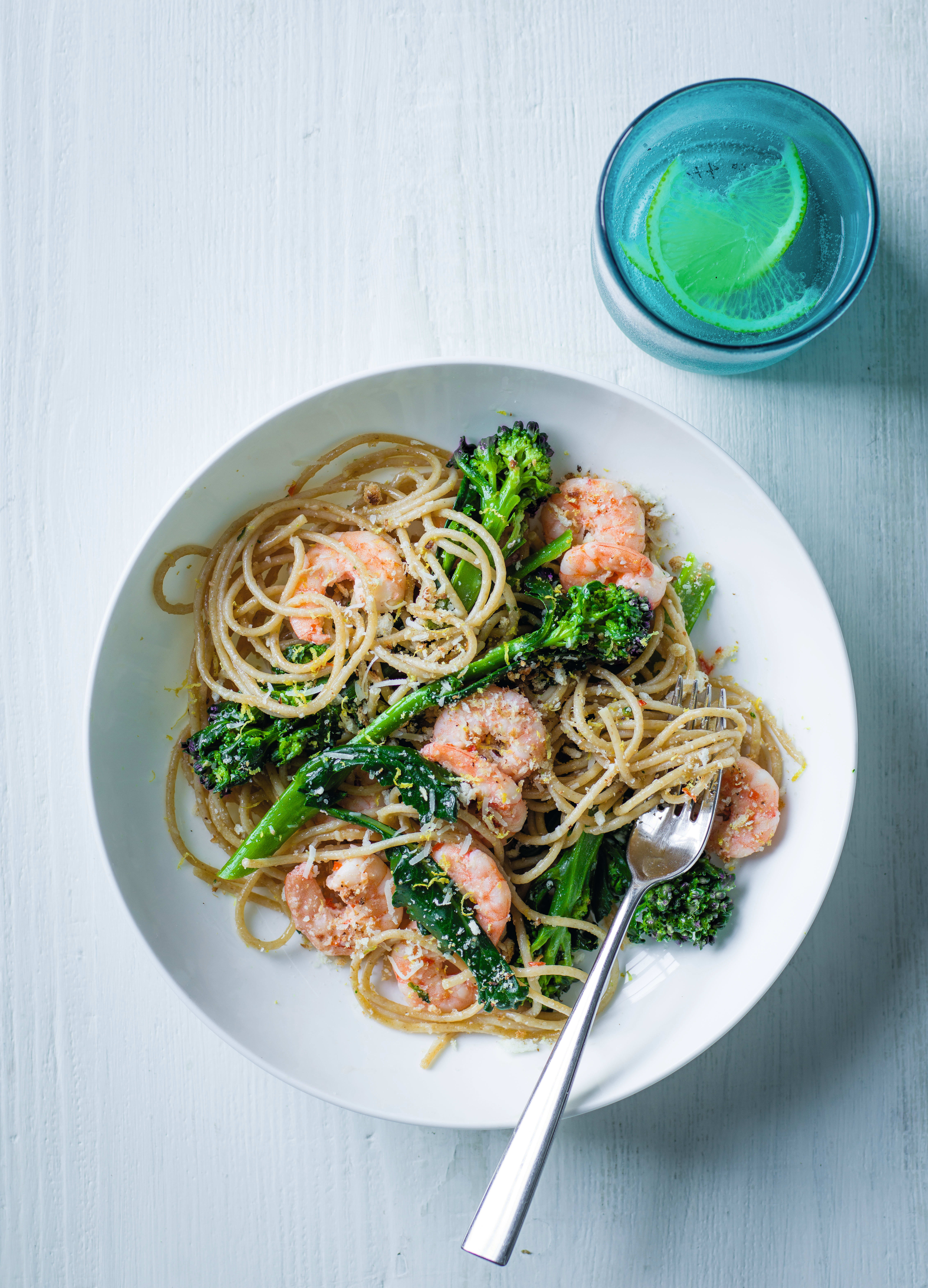 Photo of Spaghetti with purple sprouting broccoli & chilli prawns by WW