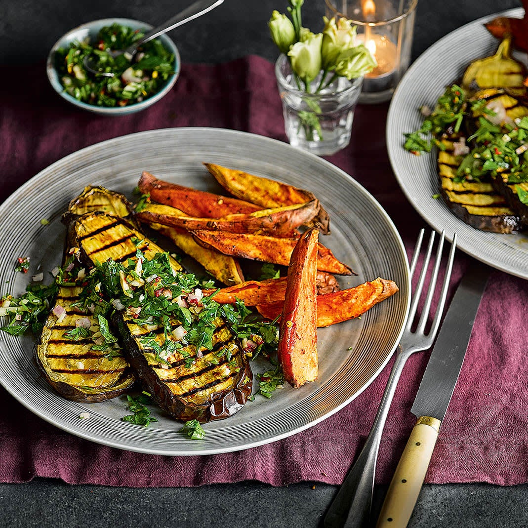 Photo of Aubergine steaks with chimichurri & spiced sweet potato wedges by WW