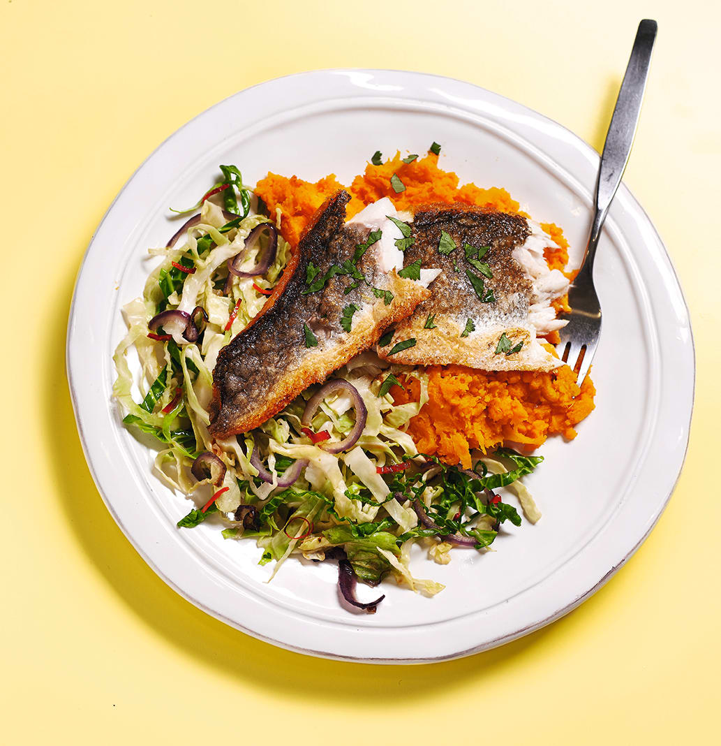 Photo of Crispy seabass with smoky sweet potato mash and chilli and garlic cabbage by WW