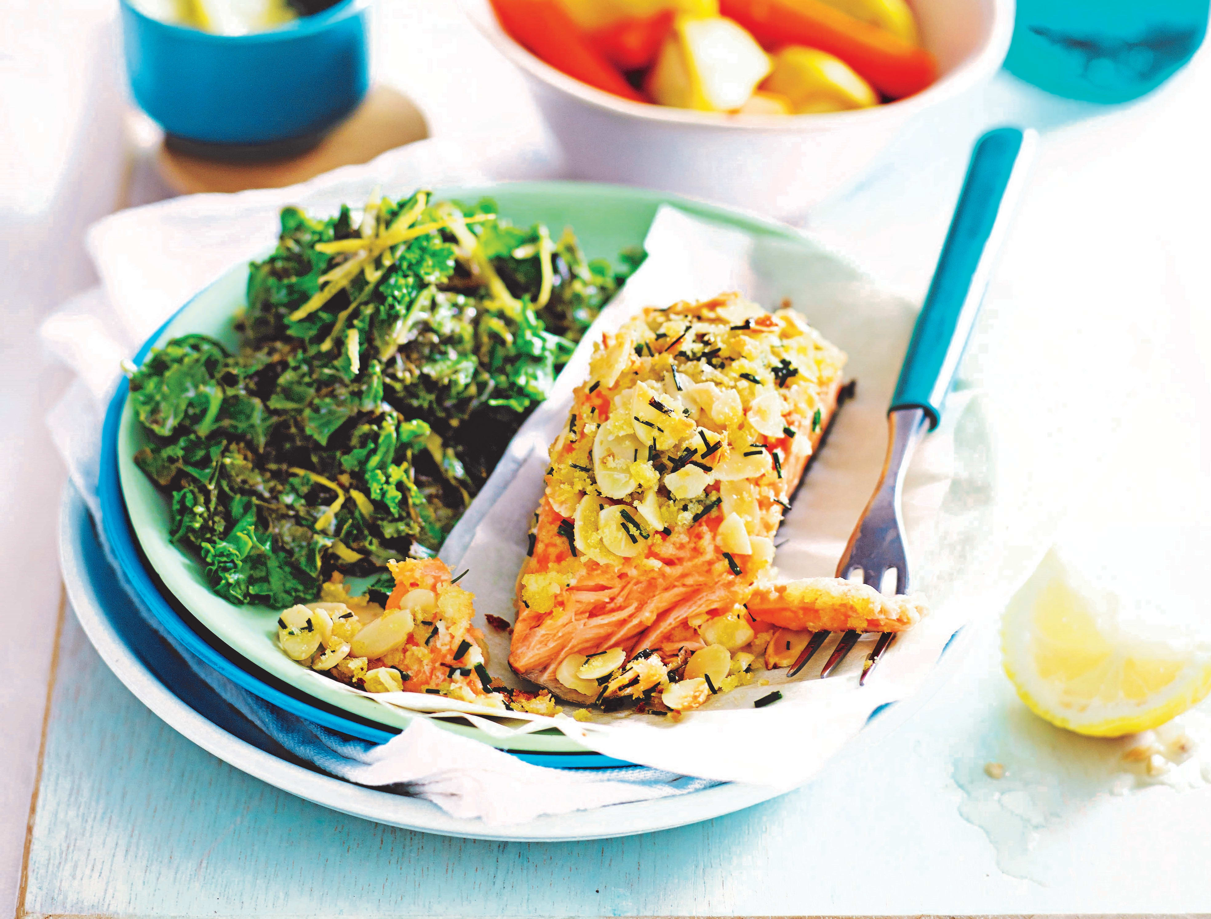 Photo of Almond-crusted salmon with lemon kale by WW