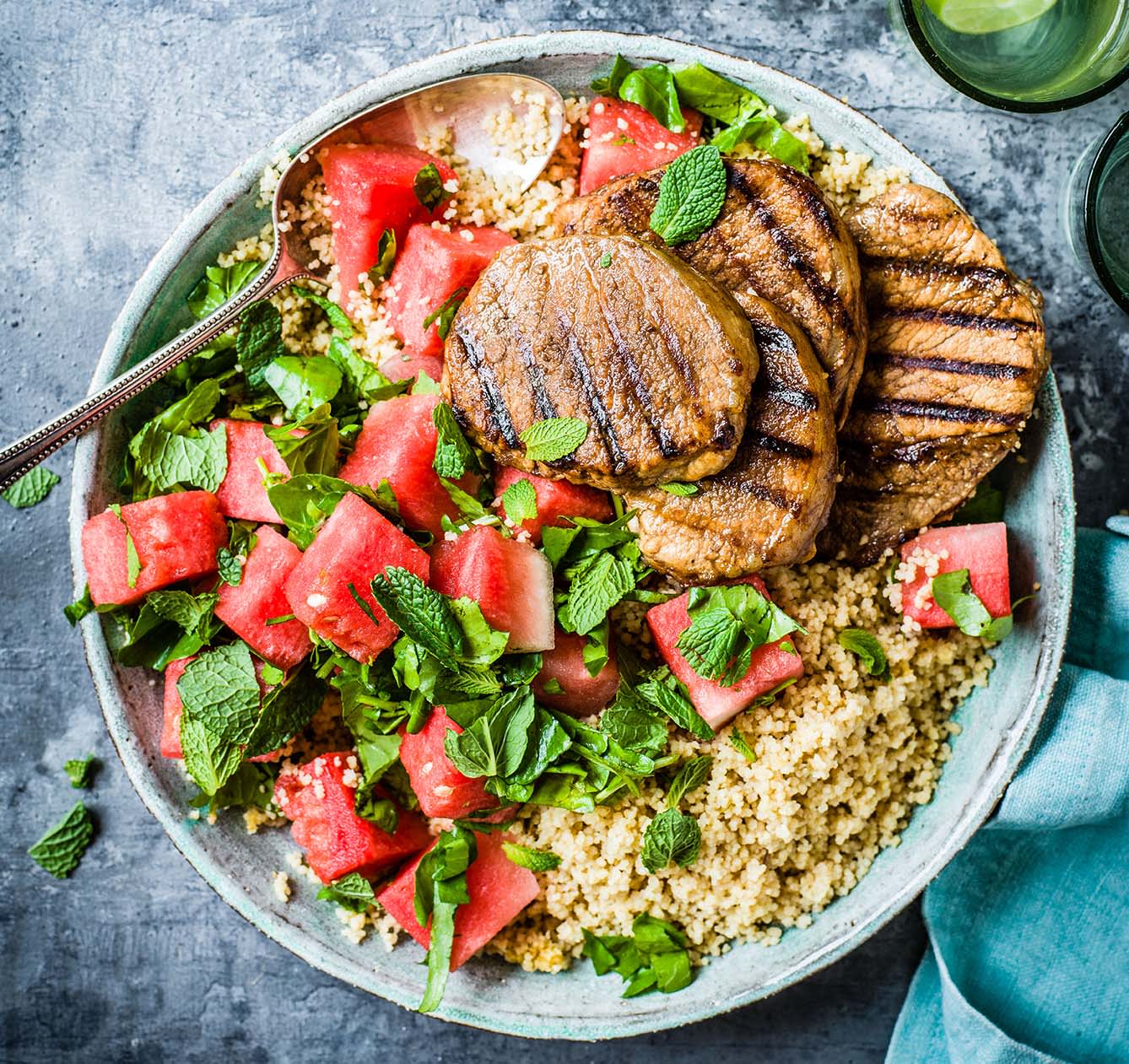 Photo of Griddled pork steaks with mint & watermelon salad by WW