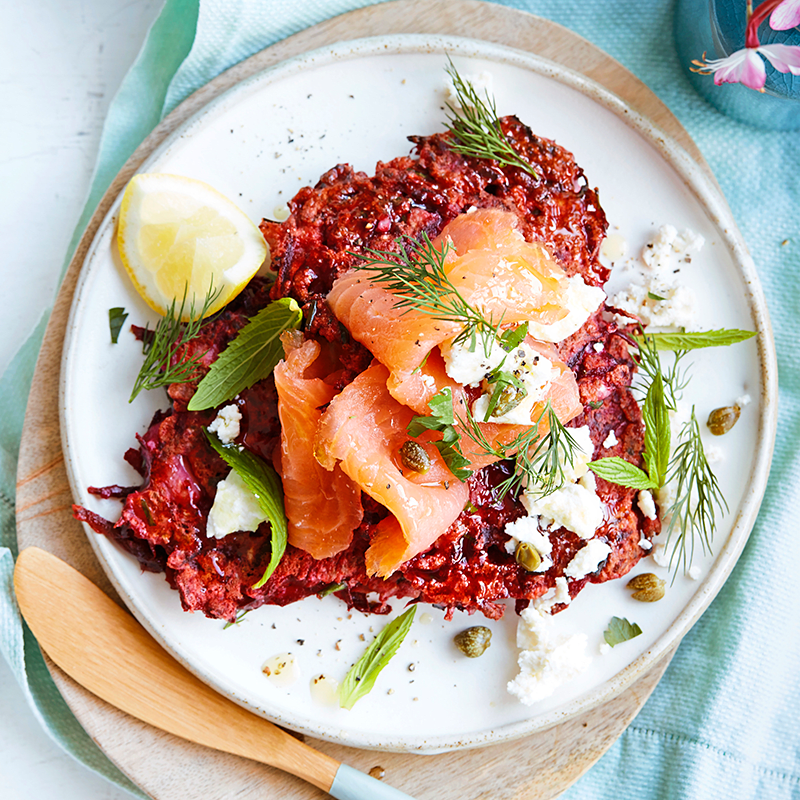 Photo of Beetroot & cauliflower fritters topped with smoked salmon by WW