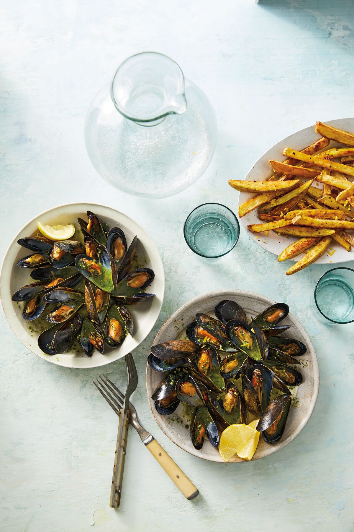 Photo of Mussels with pesto broth & lemony oven fries by WW