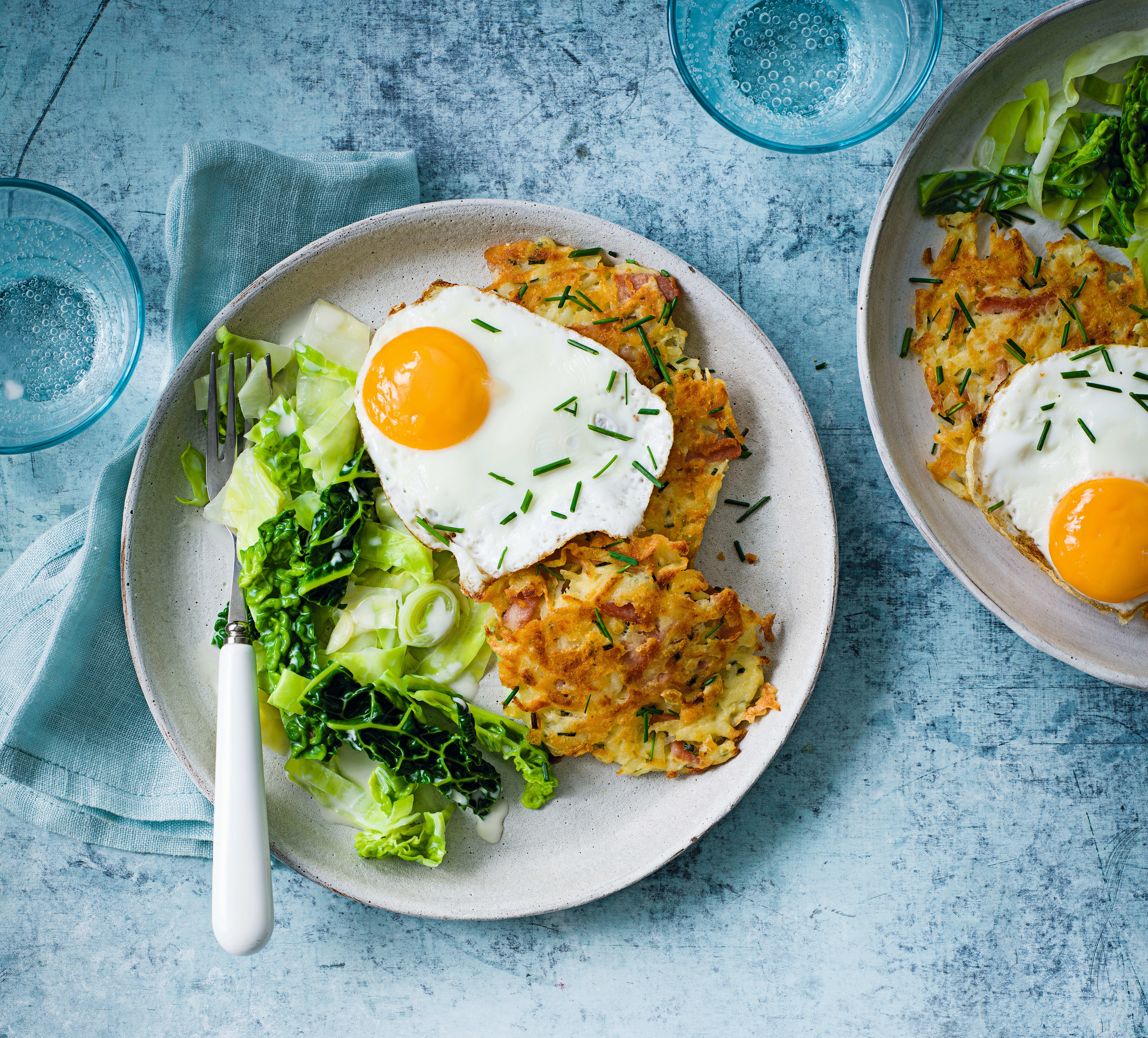 Photo of Potato &  bacon fritters with fried eggs & greens by WW