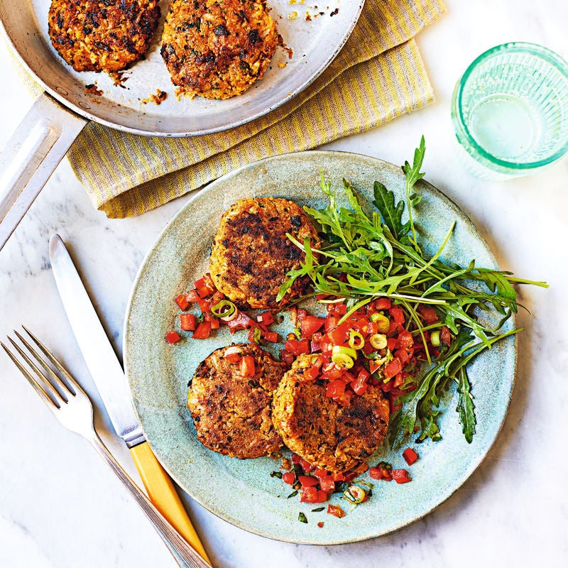 Spiced squash & cauliflower fritters with red pepper salsa | Healthy ...